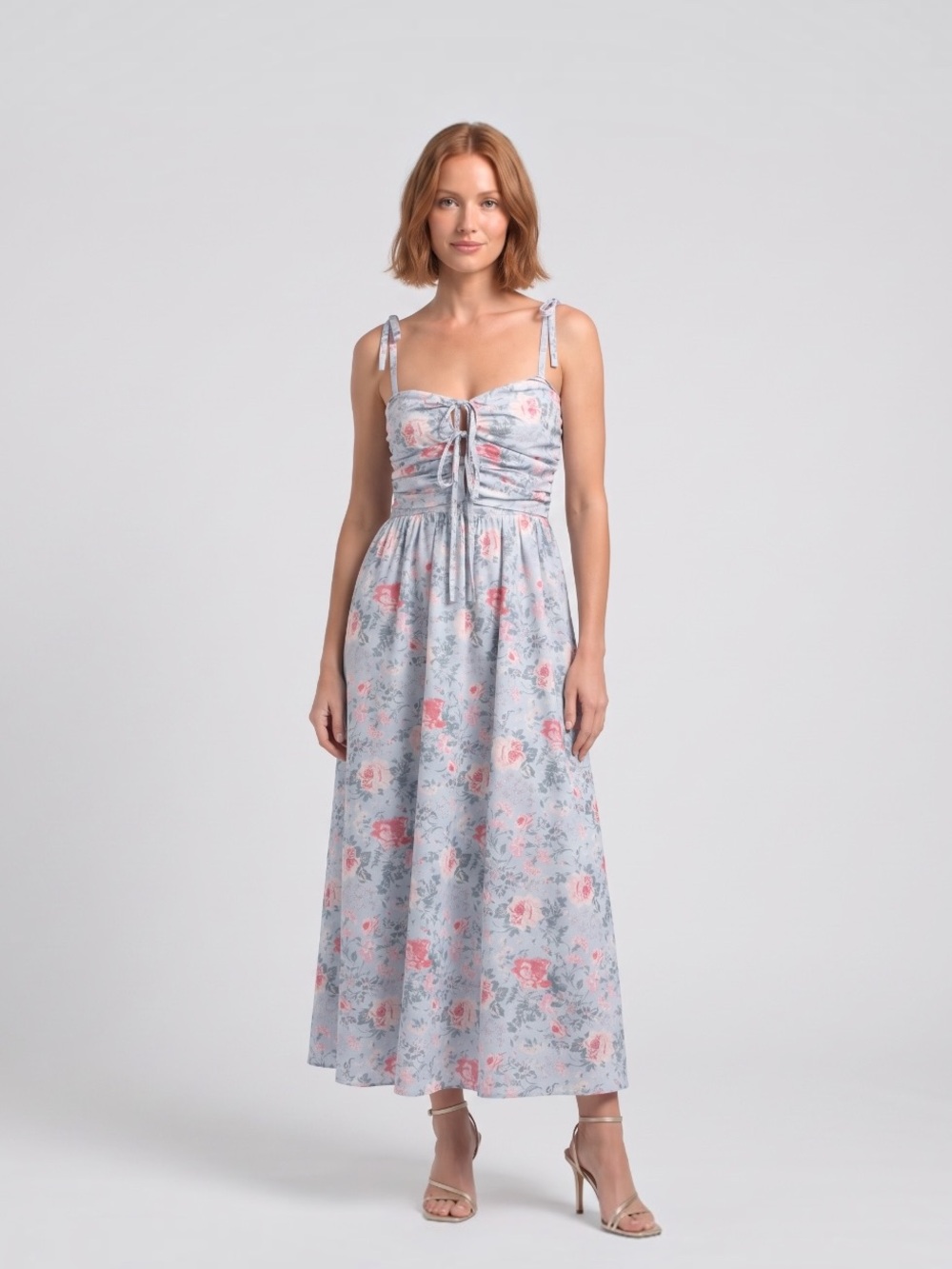 WAYF Bow Front Tie Strap Midi Dress Blue Pink Floral boho